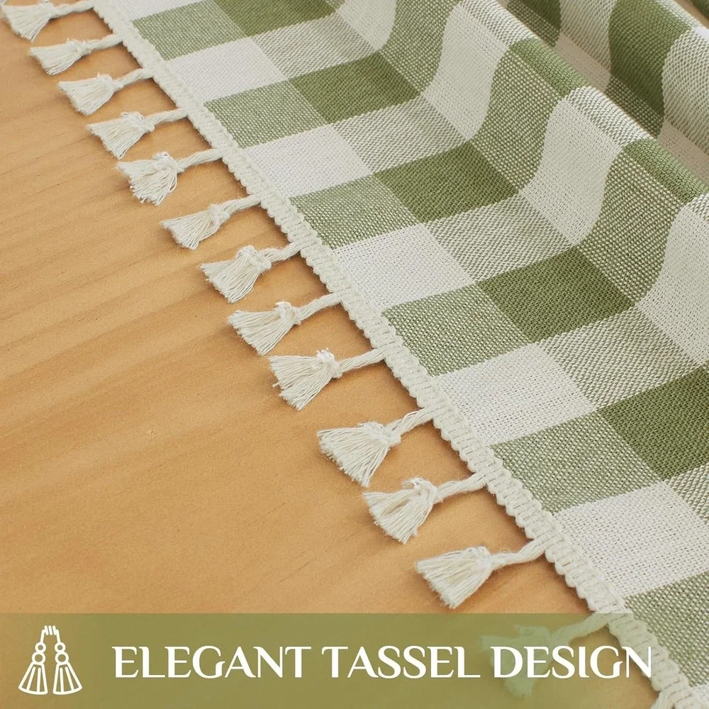 Gingham Tablecloth 55x84 Sage Green Tassel Trim Cottagecore Farmhouse New